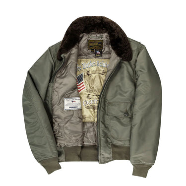 G-1 jacket open to show gray lining and patches, dark faux-fur collar