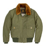 Olive drab B-10 flight jacket with tan shearling collar and center front zipper