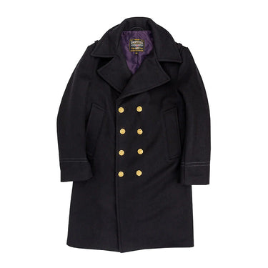 Dark wool bridge coat with double-breasted brass buttons, notched lapels