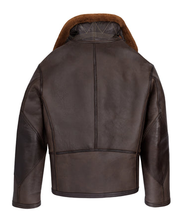Brown sheepskin flight jacket back view with shearling-lined hood and center zip