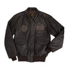 Dark pilot jacket with stand collar, zipper front, flap chest pockets