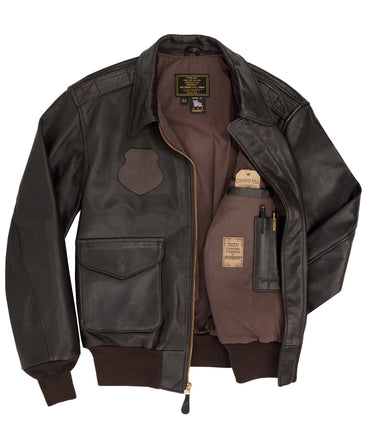 Dark pilot jacket with zipper front, flap pockets, interior lining pocket