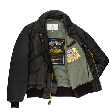Black pilots jacket with zip front, inner lining panel, and gold-trim zipper pulls