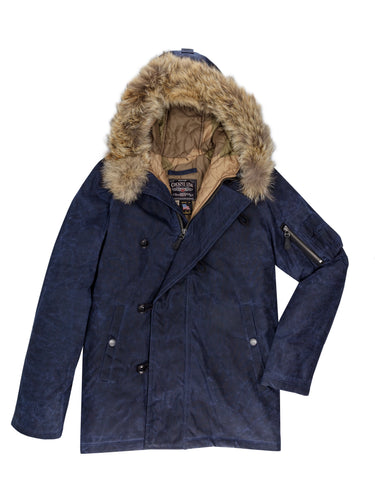 Navy mountain parka with faux fur hood trim, front button placket and zip detail