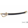 Officer sabre letter opener with black handle, brass guard, and curved blade