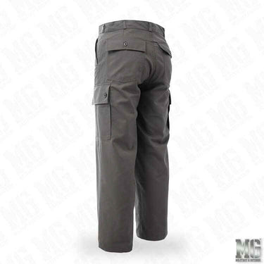 Grey combat trousers, side cargo pocket and buttoned waist