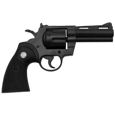 Black revolver pistol replica, side view with textured handle grip