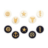 Set of embroidered officer career badges with gold insignia on round white and navy patches