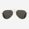 Gold metal aviator sunglasses with dark gray lenses and teardrop frames