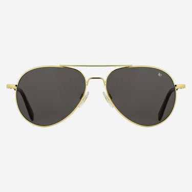 Gold metal aviator sunglasses with dark gray lenses and teardrop frames