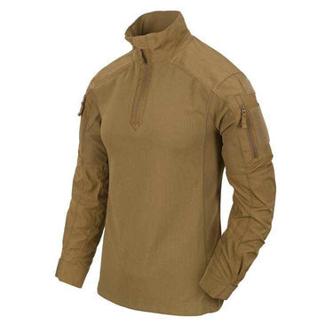 Tan combat shirt with stand collar and quarter zip, long sleeves.
