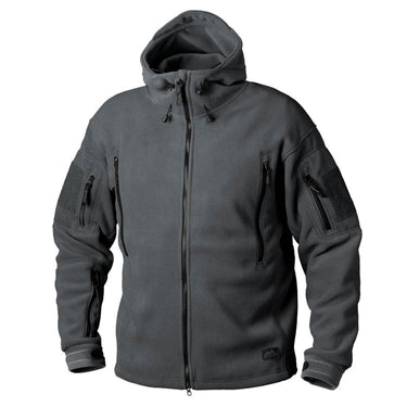 Heavy fleece jacket in dark gray, full-zip front, adjustable hood, zip sleeve pockets