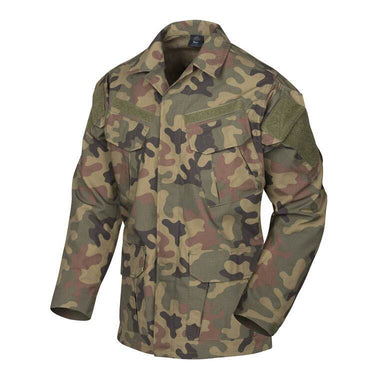 Camouflage tactical uniform shirt with stand collar, button front, flap chest pockets, long sleeves