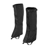 Long black gaiter pair with top strap buckle and adjustable drawstring hem