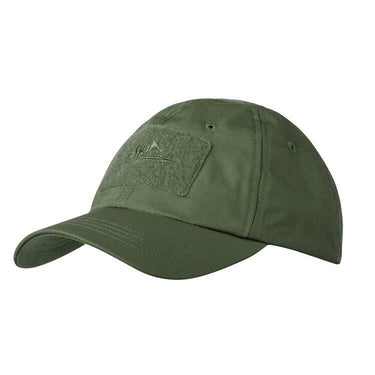 Solid green baseball cap with logo patch on the front panel and curved brim