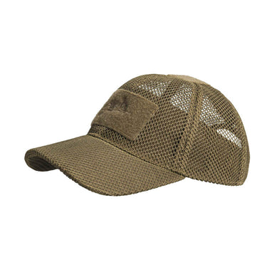 Tan mesh baseball cap with curved brim and rectangular front patch