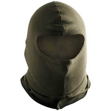 Breathable cotton balaclava in olive with front face opening and fold-over neck