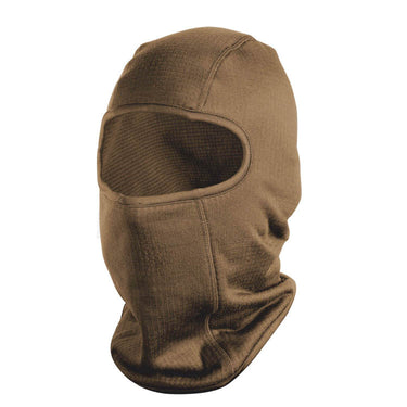Coyote balaclava with face opening and chin coverage, textured knit hood.