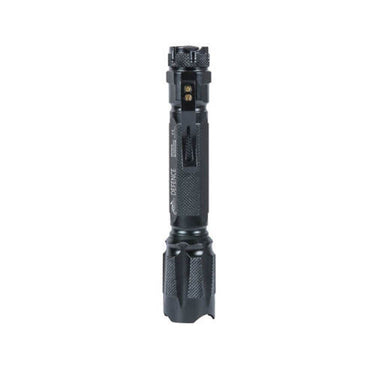 Black tactical flashlight with belt clip and textured grip