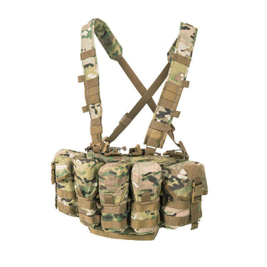 Camouflage tactical chest rig with crossed shoulder straps and front MOLLE pouch set