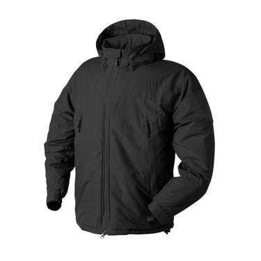 Lightweight winter jacket in dark gray/black, full-zip front with hood and stand collar