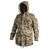Camouflage twill parka with full hood, front zipper and snap pockets.