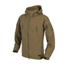 Tan softshell jacket with full-zip front and hood, zippered chest and arm pockets