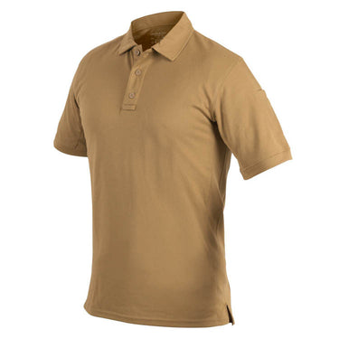 Tan polo shirt with button placket and short sleeves