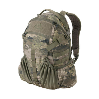 20L tactical backpack in camo fabric, front-left view, padded back panel and MOLLE straps