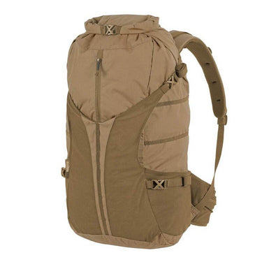 40L coyote tan backpack with front zip panel and padded shoulder straps