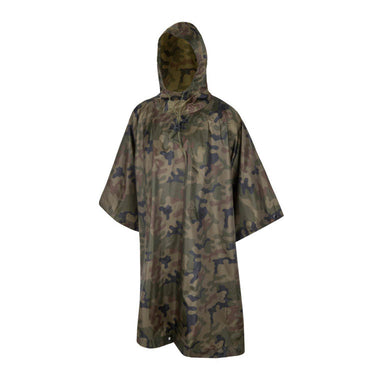 Camouflage waterproof poncho with hood and wide short sleeves