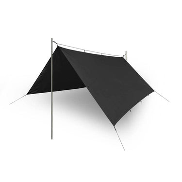 Black shelter cape with slanted panel and triangular side panel, weather cover