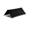 Black shelter cape tarp with stakes and tie points, pitched and taut
