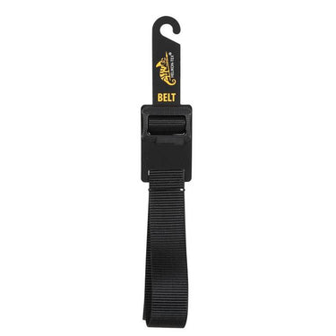 Black tactical belt with webbing strap and buckle, shown on product packaging tag