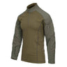 Olive combat shirt with long sleeves, half-zip mock neck, gray side panels