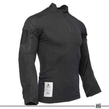 Black combat shirt with long sleeves and half-zip mock neck, chest logo patch