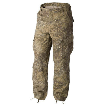 Brown camo ripstop pants with cargo pockets and adjustable cuffs