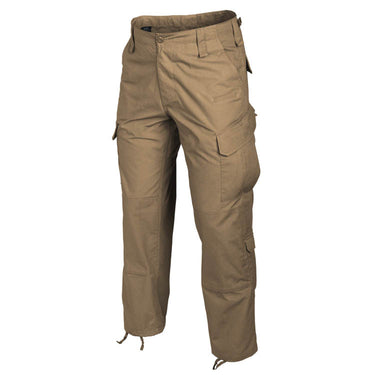 Tan cargo ripstop pants with side cargo pockets and drawstring-cuffed hem