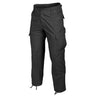 Black cargo ripstop pants with side cargo pockets and drawstring-cuffed hem