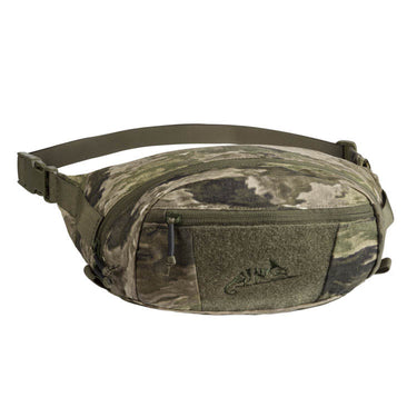 Green and tan camouflage waist pack with front zip pocket and adjustable belt straps.