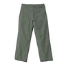Olive drab fatigue pants with straight legs and drawstring waist