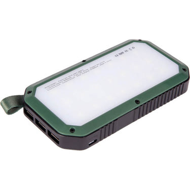 Humvee solar power bank with LED lamp, green and black rectangular design with handle strap
