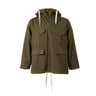 Green denim smock jacket with hood, snap buttons, chest flap pockets, and drawstring ties