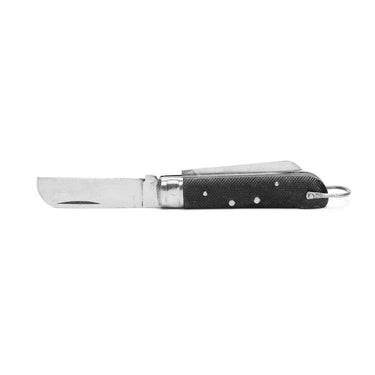 Black 2-piece pocket knife with two blades open, textured handle and metal hardware