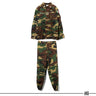 Woodland camouflage combat uniform set with matching jacket and cargo pants.