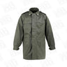 Olive drab field coat with snap-closure pockets, button front, and stand collar