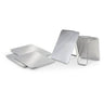 Stainless steel pocket shaving mirror set with hinged folding plates and carry loop