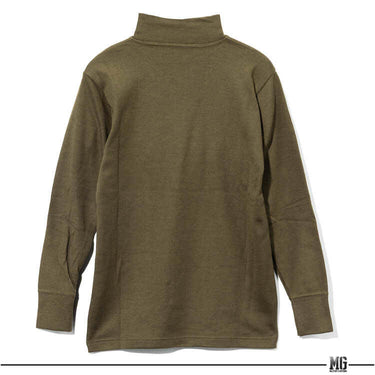 Olive long-sleeve thermal shirt with high stand collar and clean back view