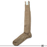 Khaki wool crew socks with ribbed leg and cuff, smooth toe