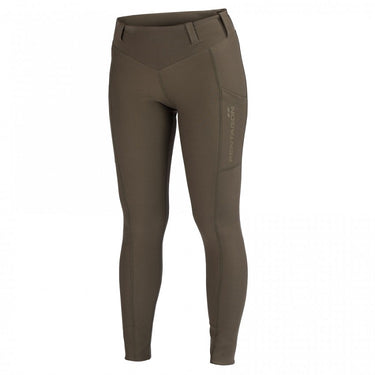 High-waist olive-gray leggings with vertical side logo print